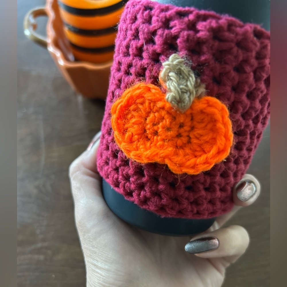 Crochet Cozy with Pumpkin Design